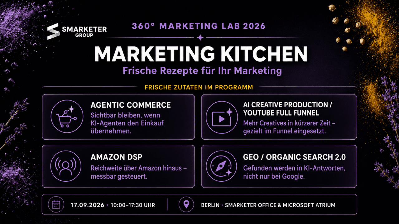 Programmübersicht 360° Marketing Lab 2026 Marketing Kitchen: Agentic Commerce, AI Creative Production / YouTube Full Funnel, Amazon DSP und GEO / Organic Search 2.0, am 17.09.2026 in Berlin