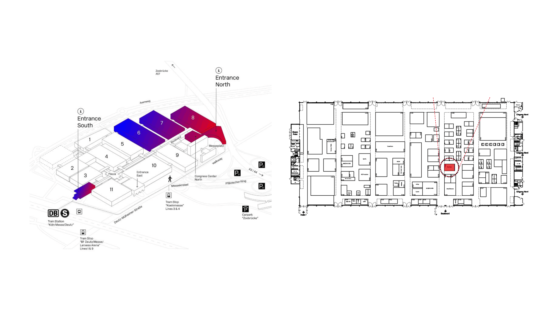 Lageplan der Messe Köln: Halle 8 hervorgehoben, daneben der Hallenplan mit dem SMAWAX-Stand D-29 markiert