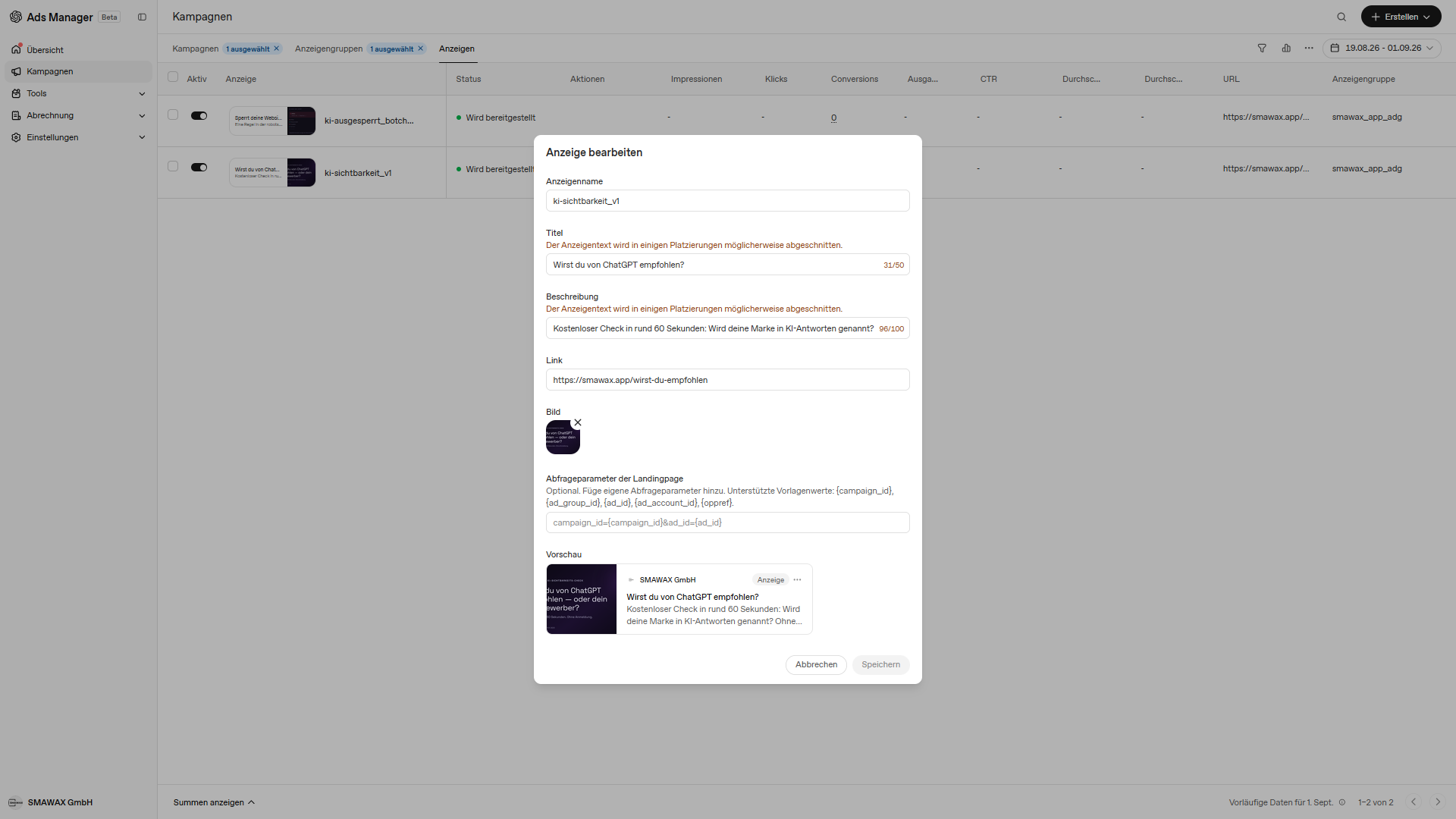 Der Anzeigen-Editor im OpenAI Ads Manager mit den Feldern Anzeigenname, Titel, Beschreibung, Link und Bild sowie einer Live-Vorschau der Anzeige.